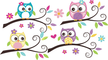 Fototapeta premium Cute Cartoon Owls on Tree Branches – Colorful Vector Illustration Set