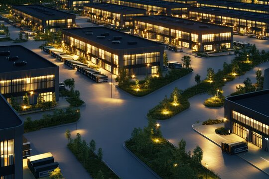 A modern industrial complex with rows of high-capacity warehouses illuminated loading docks a ly maintained landscape with green energy integration