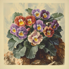 Vibrant display of Primula Auricula blossoms showcasing rich colors and detailed foliage in a classic botanical illustration