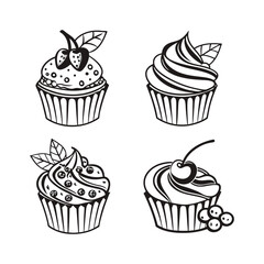 Cute Cupcake Icon Set – Black & White Dessert Illustrations