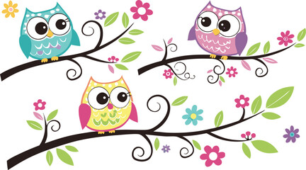 Fototapeta premium Cute Cartoon Owls on Tree Branches – Colorful Vector Illustration Set