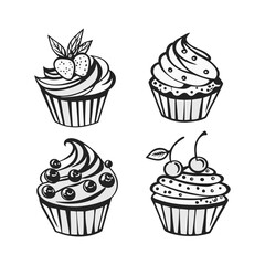 Cute Cupcake Icon Set – Black & White Dessert Illustrations