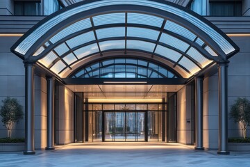 A modern luxury hotel entrance with an arched glass canopy elegant steel columns sophisticated creating a yet opulent feel