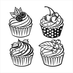 Cute Cupcake Icon Set – Black & White Dessert Illustrations