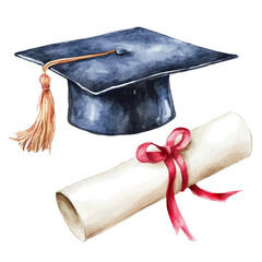 Graduation Cap With Diploma, vector watercolor illustration, isolated on a white background.