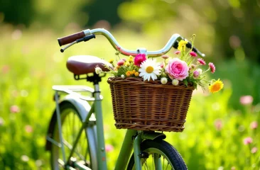 Fototapete Rund Bicycle and flowers. Flower basket on bicycle in park. Flower bicycle at sunset. © Krystyna