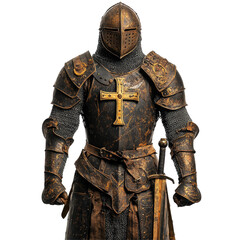 Fototapeta premium Rusty armor of a Knights Templar cross depicting the equestrian order in a powerful stance, Rusty Armor Knights Templar Cross Equestrian Order th Century Military Heritage Medieval Costume