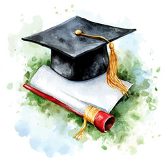 illustration of Graduation Cap With Diploma, watercolor vector, isolated on a white background.