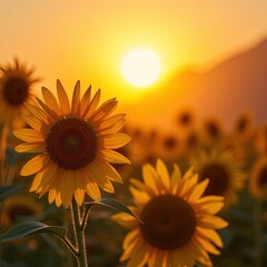 Obraz premium Sun flower field landscape view at sunset sky.