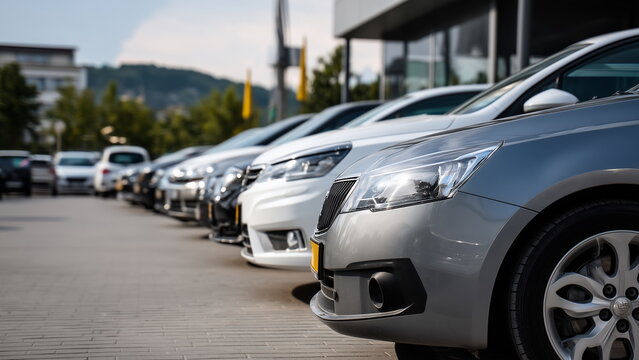 A row of sleek rental cars stands ready at a car hire lot, offering travelers a range of options for convenient and comfortable transportation.