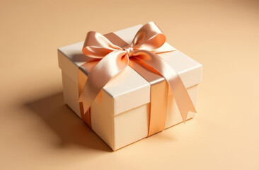 Obraz premium Gift box with a bow on a beige background. Gift box of pastel color with a ribbon on a plain background.