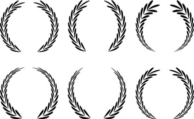 Fototapeta premium Circular laurel wreath set. Emblem floral, Greek branch of oak leaves, eucalyptus leaf, Wheat, winner award, champion and flower vector 