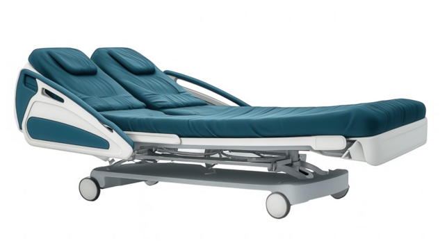 Modern blue medical bed for clinic equipped with electronic system support