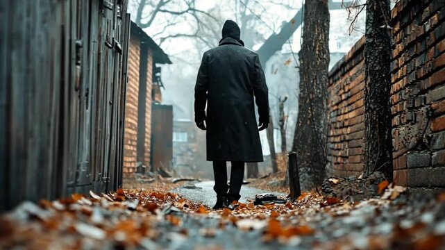 A solitary figure walks through a misty alley lined with old wooden buildings and fallen leaves