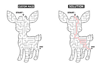 Deer-Shaped Maze Puzzle with Answer Key – Fun and Educational Activity for Kids