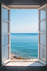 Serene Ocean View Through Rustic Window Frame Capturing Tranquility and Coastal Beauty in a Coastal Setting
