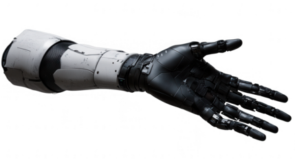 Detailed cyborg arm showing intricate mechanics against a dark backdrop