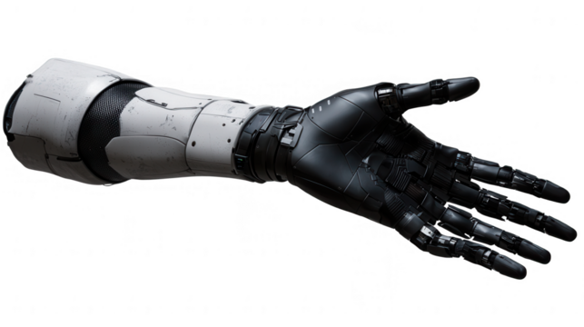 Detailed cyborg arm showing intricate mechanics against a dark backdrop