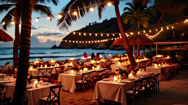 Romantic beachside dinner setting with glowing lights at sunset  