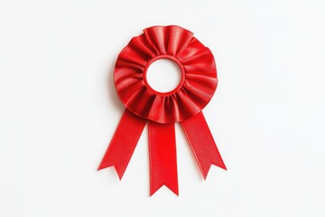 A shiny red rosette award ribbon on white background