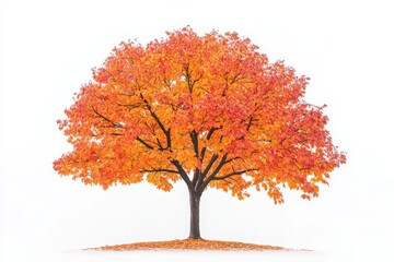 Autumn tree with orange leaves on white background