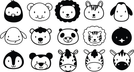 Cute doodle animal face line art.
Set with doodle face animals isolated on white background cute nursery collection illustration vector