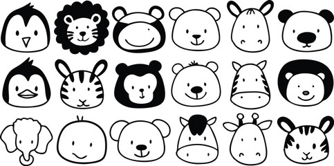 Cute doodle animal face line art.
Set with doodle face animals isolated on white background cute nursery collection illustration vector