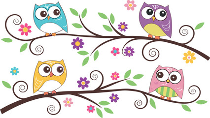 Cute Cartoon Owls on Tree Branches – Colorful Vector Illustration Set