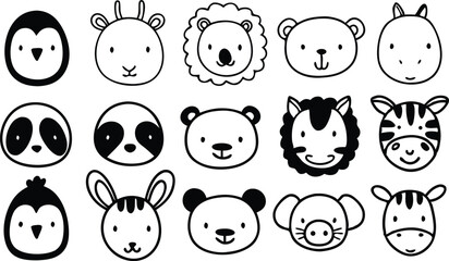 Cute doodle animal face line art.
Set with doodle face animals isolated on white background cute nursery collection illustration vector