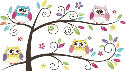 Cute Cartoon Owls on Tree Branches – Colorful Vector Illustration Set