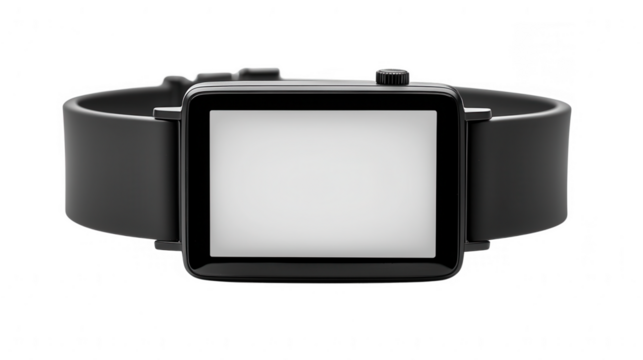 Sleek black smartwatch with blank screen on a clean black background