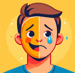 Fake Smile Concept – Half Happy Mask, Half Sad Face Vector Illustration