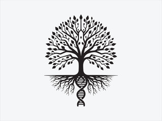Tree with DNA Roots Silhouette Symbolizing Life, Ancestry, and Genetic Connection for Nature and Science-Themed Designs