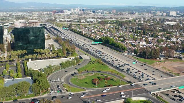 Aerial drone shot view of Orange County Costa Mesa Irvine buildings airport 06