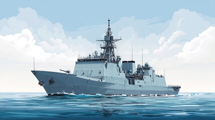 Naklejka premium Military navy ship sailing on calm sea under clear sky with soft clouds