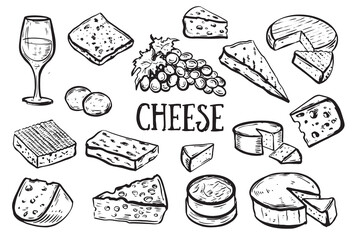 Cheese collection. Set of ink sketches. Hand drawn 