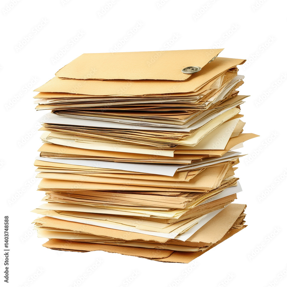 Leinwandbilder stack of envelopes and files on a plain transparent background showcasing organized documents for of