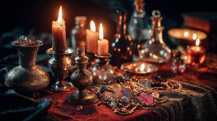 Esoteric Night with Candles and Jewelry on a Dark Table  