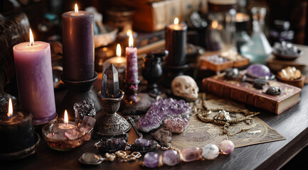 Enchanted Table Scene with Candles and Crystals in Atmospheric Light  
