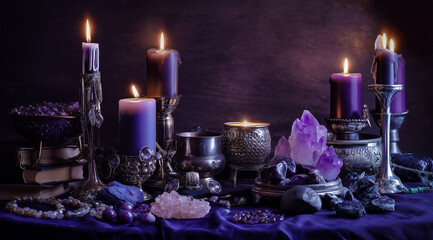 Candlelit Grimoire with Amethyst Stones on Dark Background  