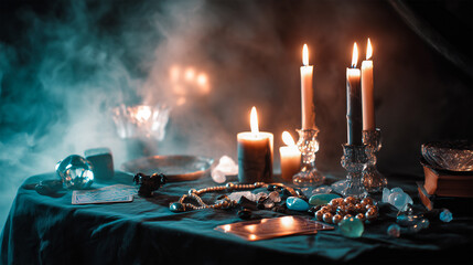 Mystic Tabletop Ritual with Candles and Crystals in Foggy Atmosphere  