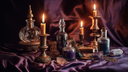 Occult Ritual Scene with Candles and Glass Bottles on Purple Cloth  