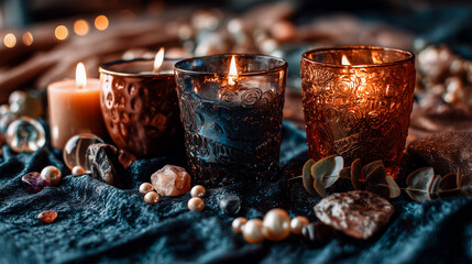 Candlelight and Crystals on Textured Surface  
