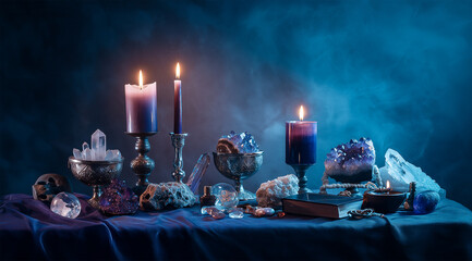 Mystical altar with candles and crystals against a dark blue background  