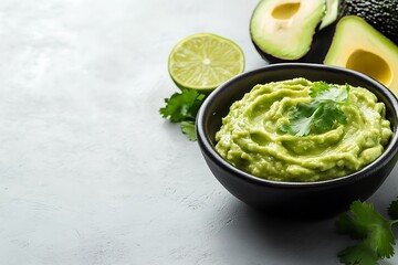 Appetizing Guacamole in Dark Bowl with Cilantro, Sliced Lime, and Avocado halves