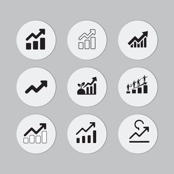 Set of nine flat, vector icons depicting upward trends, charts, and people climbing, representing growth, success, and progress.