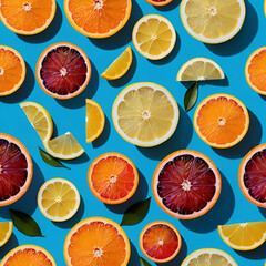Vibrant slices of lemons and blood oranges arraigned artfully on a calming blue background, evoking a refreshing summer vibe perfect for patterns or wallpapers.