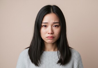 melancholic asian woman with teary eyes wearing light gray sweater on soft pastel background. generative ai