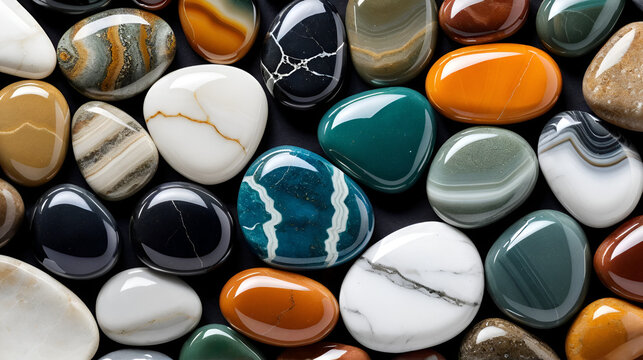 Set of gem stone pebble - jasper, marble, agate polished mineral stones