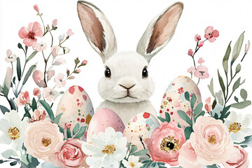 Charming White Easter Bunny Surrounded by Flowers, Easter Eggs